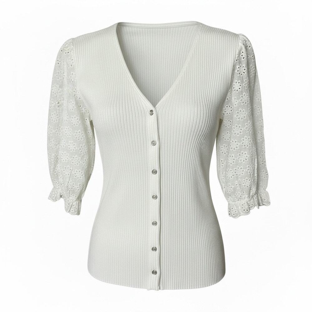 Elie Tahari Ribbed Eyelet Puff Sleeve Knit Top Cardigan White Medium Feminine